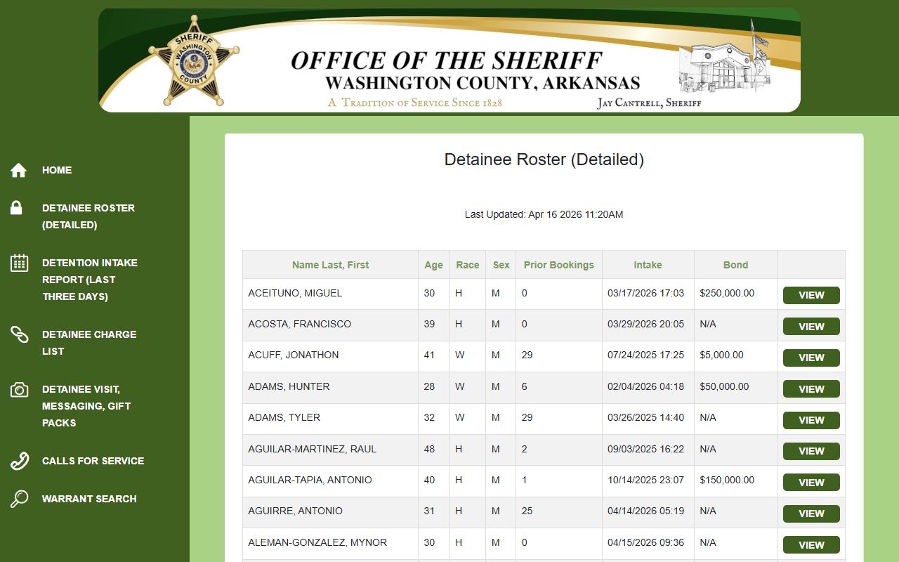 Washington County detainee roster for booking reports